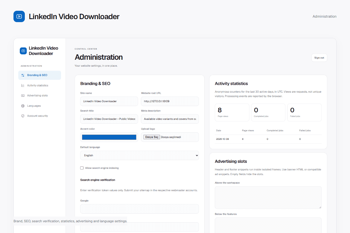 LinkedIn Video Downloader — Administration