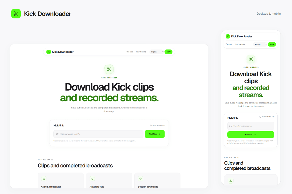 Kick Downloader — Responsive interface