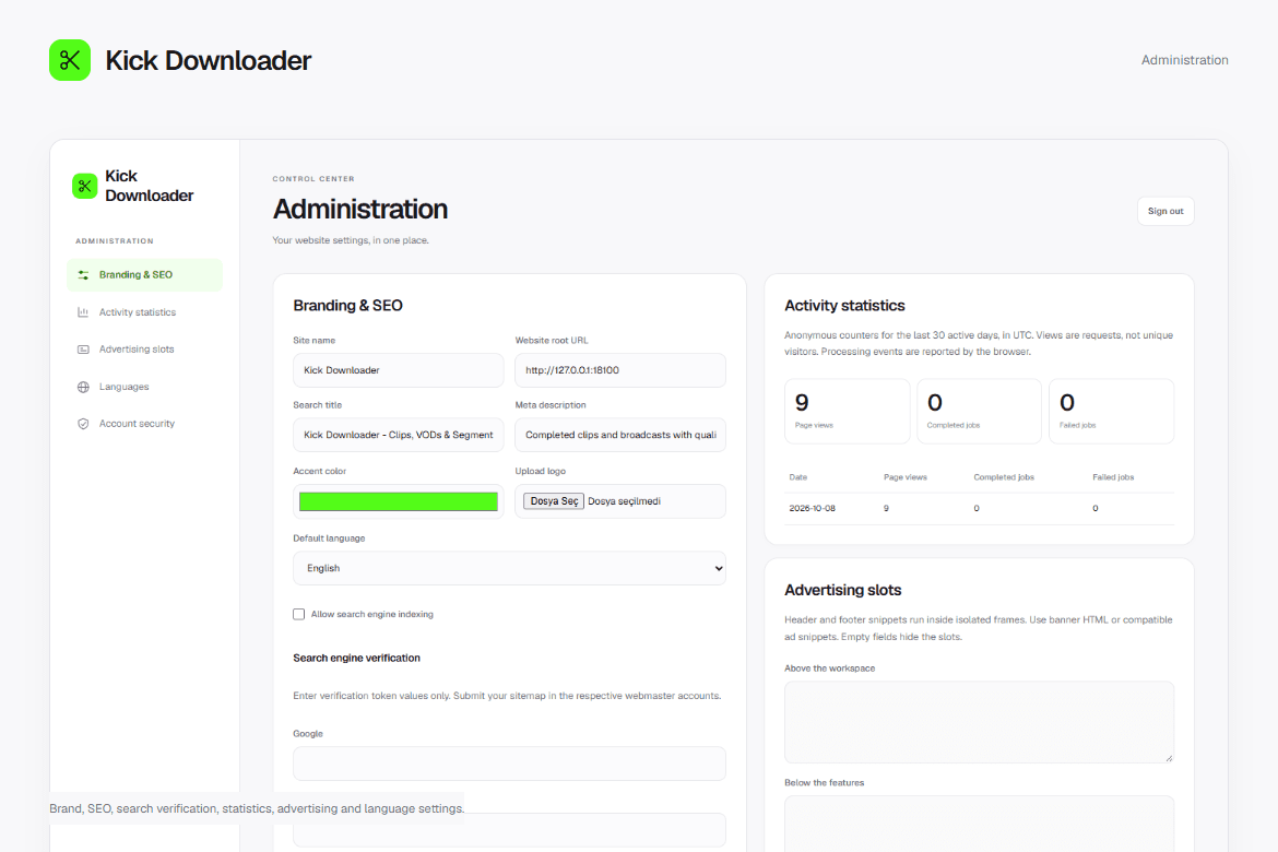 Kick Downloader — Administration