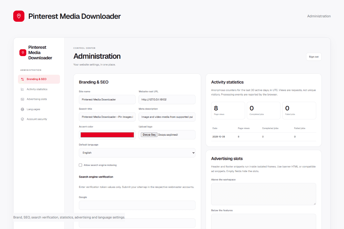 Pinterest Media Downloader — Administration