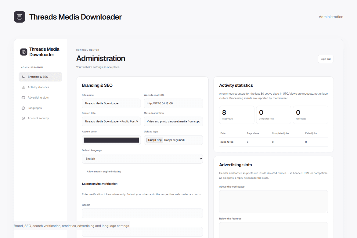 Threads Media Downloader — Administration