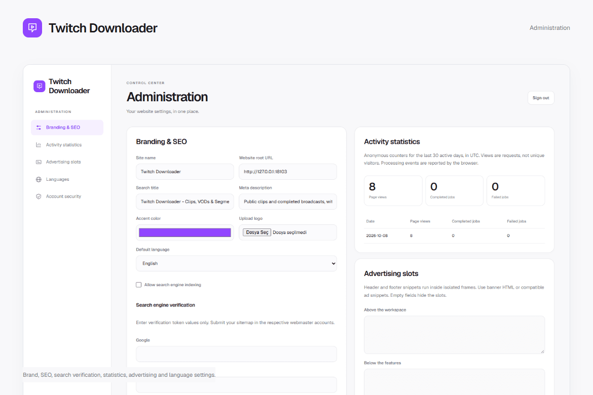 Twitch Downloader — Administration