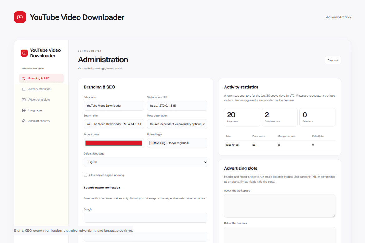 YouTube Video Downloader — Administration